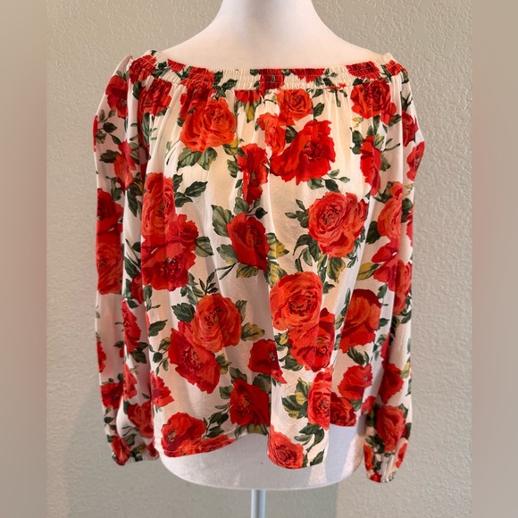 Forever 21 Rose Floral Print Off-the-Shoulder Flowy Top – White/Red – Size S/M - Picture 3 of 16
